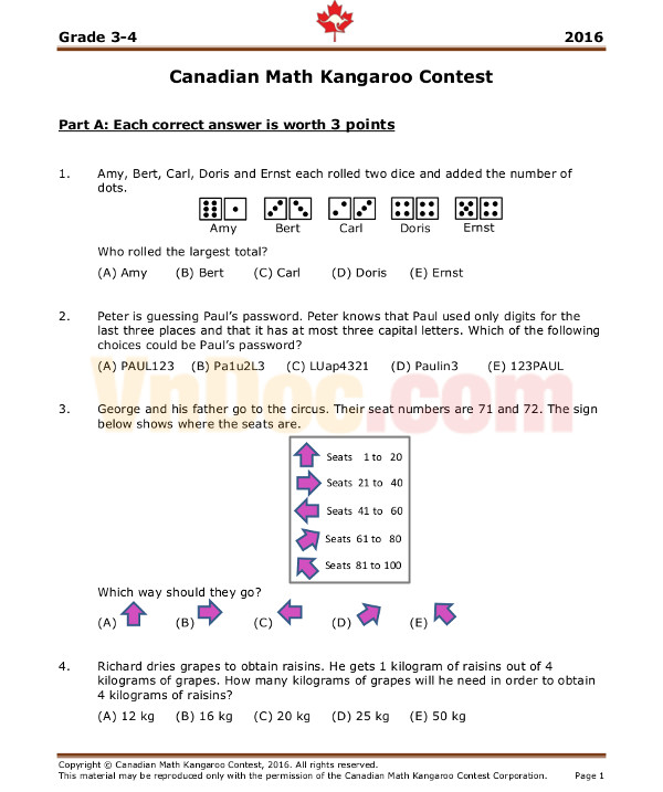 Đề thi Toán Quốc tế Kangaroo năm 2016 lớp 3