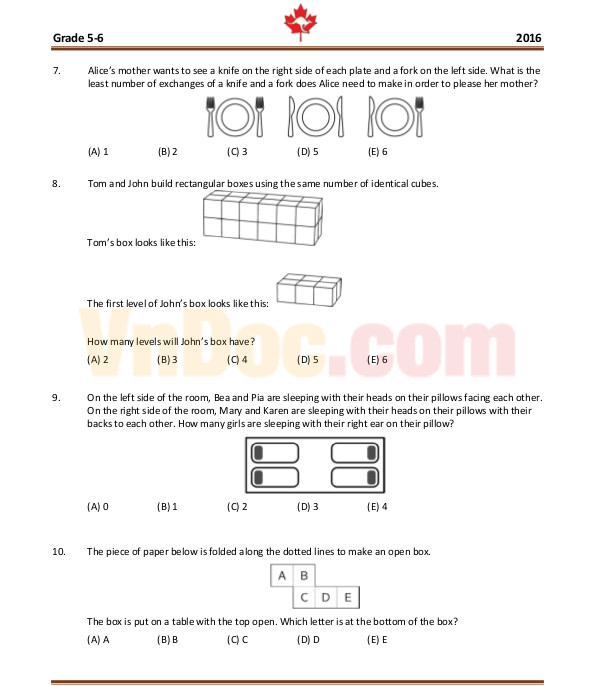 Đề thi Toán Quốc tế Kangaroo năm 2016 lớp 5, 6 Đề thi Toán Quốc tế Kangaroo năm 2016 lớp 5, 6 có đáp án (Đề tiếng Anh)