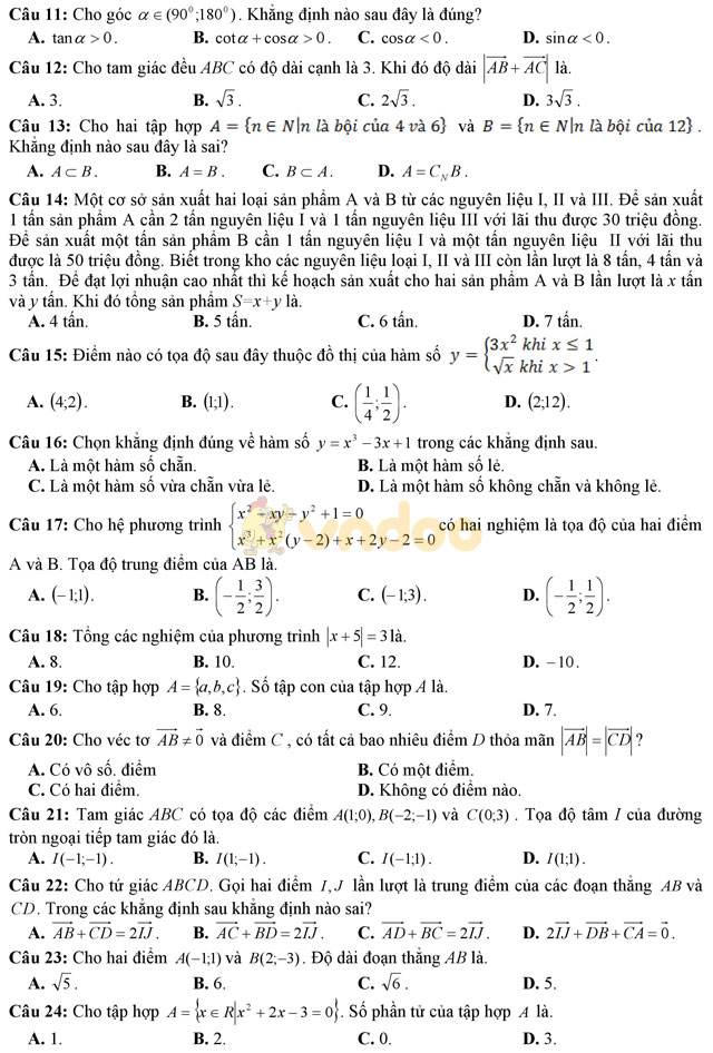 Đề thi giữa học kì 2 môn Toán lớp 10 trường THPT Yên Lạc 2, Vĩnh Phúc năm học 2016 - 2017 Đề thi giữa học kì 2 môn Toán lớp 10 có đáp án