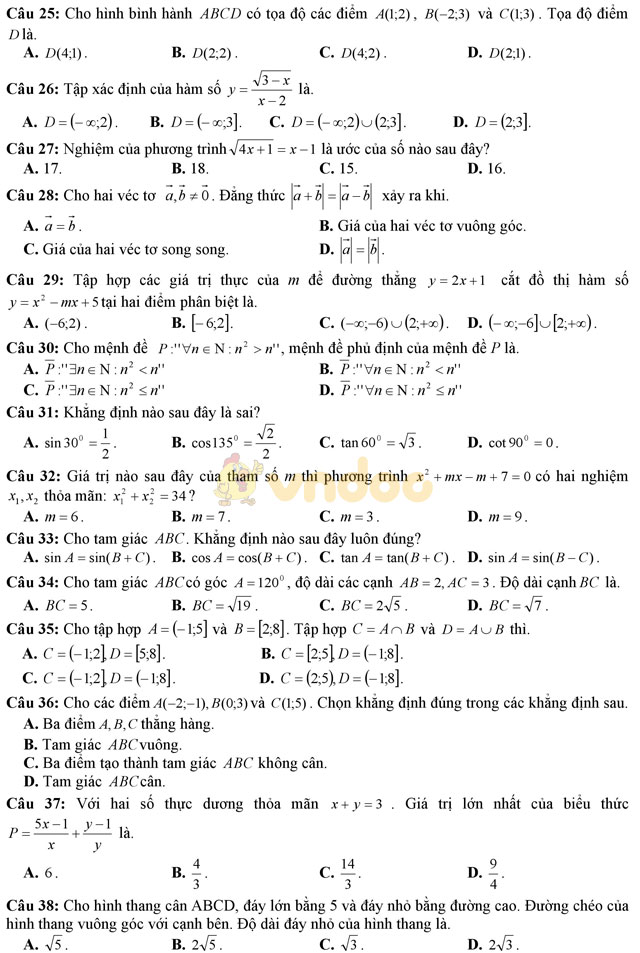 Đề thi giữa học kì 2 môn Toán lớp 10 trường THPT Yên Lạc 2, Vĩnh Phúc năm học 2016 - 2017 Đề thi giữa học kì 2 môn Toán lớp 10 có đáp án
