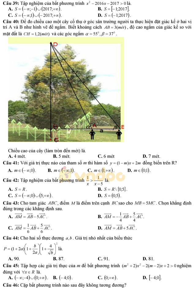 Đề thi giữa học kì 2 môn Toán lớp 10 trường THPT Yên Lạc 2, Vĩnh Phúc năm học 2016 - 2017 Đề thi giữa học kì 2 môn Toán lớp 10 có đáp án