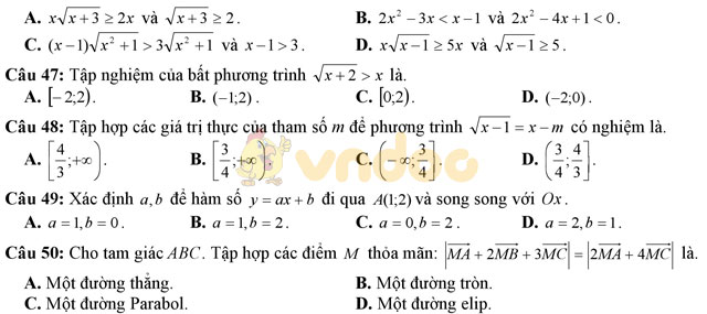 Đề thi giữa học kì 2 môn Toán lớp 10 trường THPT Yên Lạc 2, Vĩnh Phúc năm học 2016 - 2017 Đề thi giữa học kì 2 môn Toán lớp 10 có đáp án