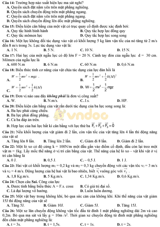 Đề thi giữa học kì 2 môn Vật Lý lớp 10 trường THPT Yên Lạc 2, Vĩnh Phúc năm học 2016 - 2017 Đề thi giữa học kì 2 môn Vật Lý lớp 10 có đáp án