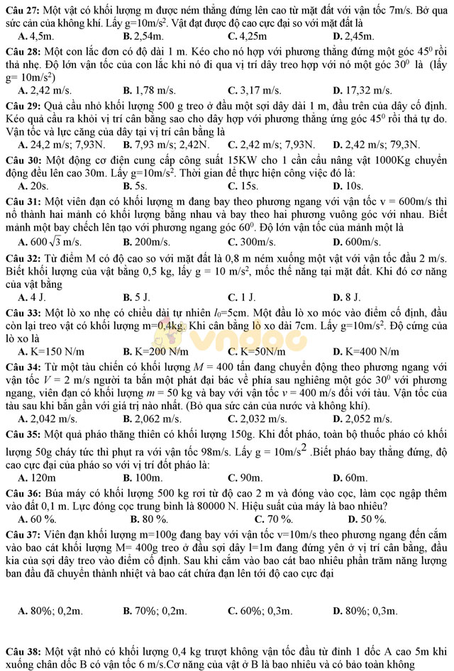 Đề thi giữa học kì 2 môn Vật Lý lớp 10 trường THPT Yên Lạc 2, Vĩnh Phúc năm học 2016 - 2017 Đề thi giữa học kì 2 môn Vật Lý lớp 10 có đáp án
