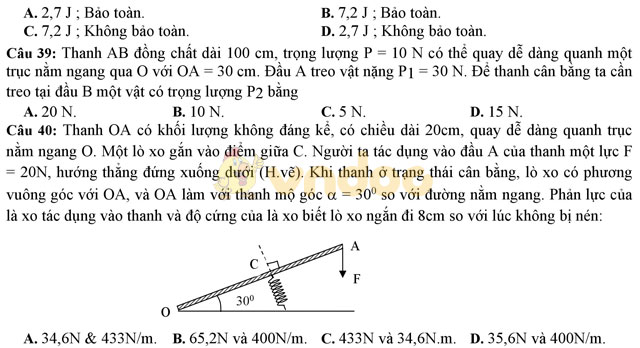 Đề thi giữa học kì 2 môn Vật Lý lớp 10 trường THPT Yên Lạc 2, Vĩnh Phúc năm học 2016 - 2017 Đề thi giữa học kì 2 môn Vật Lý lớp 10 có đáp án