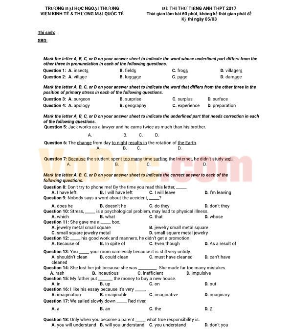 Đề thi thử THPT Quốc gia năm 2017 môn Tiếng Anh trường Đại học Ngoại Thương, Hà Nội Đề thi thử THPT Quốc gia năm 2017 môn Tiếng Anh trường Đại học Ngoại Thương, Hà Nội CÓ ĐÁP ÁN