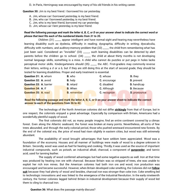 Tài liệu ôn thi THPT quốc gia môn Tiếng Anh năm 2017 Đề thi thử THPT Quốc gia năm 2017 môn Tiếng Anh có đáp án