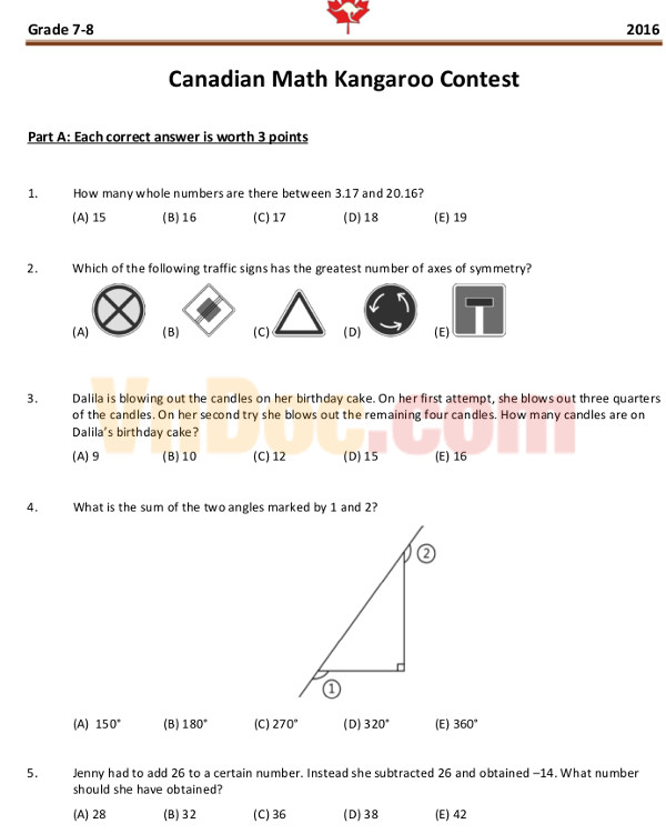 Đề thi Toán Quốc tế Kangaroo năm 2016 lớp 7, 8 có đáp án (Đề tiếng Anh)