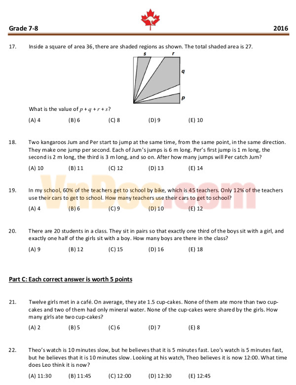 Đề thi Toán Quốc Tế Kangaroo lớp 7