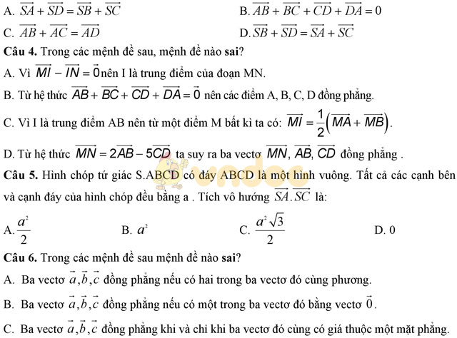 Bài tập trắc nghiệm Hình học lớp 11: Quan hệ vuông góc