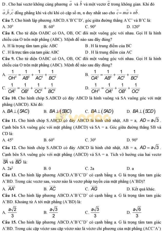 Bài tập trắc nghiệm Hình học lớp 11: Quan hệ vuông góc
