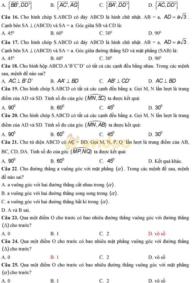 Bài tập trắc nghiệm Hình học lớp 11: Quan hệ vuông góc