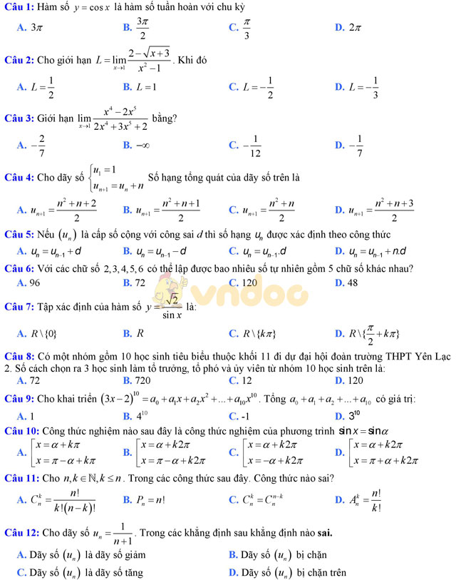 Đề thi giữa học kì 2 môn Toán lớp 11 có đáp án