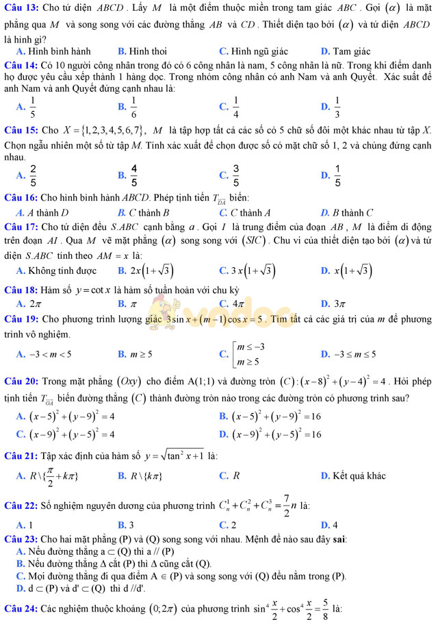 Đề thi giữa học kì 2 môn Toán lớp 11 có đáp án