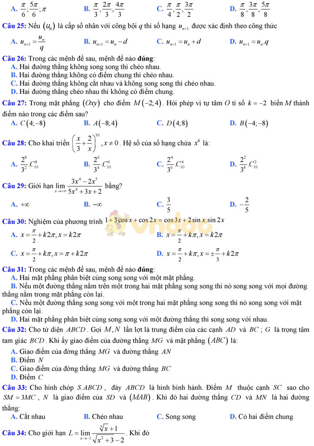 Đề thi giữa học kì 2 môn Toán lớp 11 có đáp án