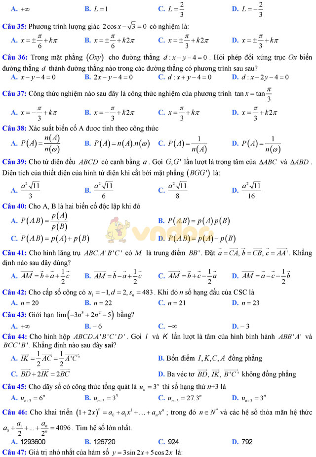 Đề thi giữa học kì 2 môn Toán lớp 11 có đáp án
