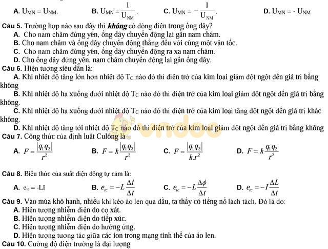 Đề thi giữa học kì 2 môn Vật lý lớp 11 có đáp án