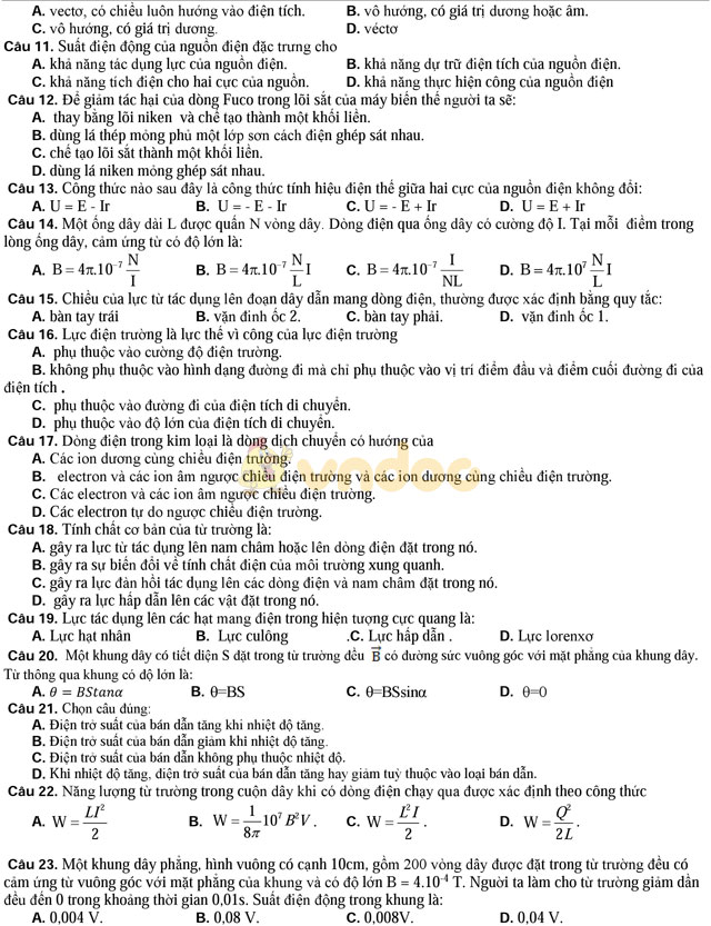 Đề thi giữa học kì 2 môn Vật lý lớp 11 có đáp án