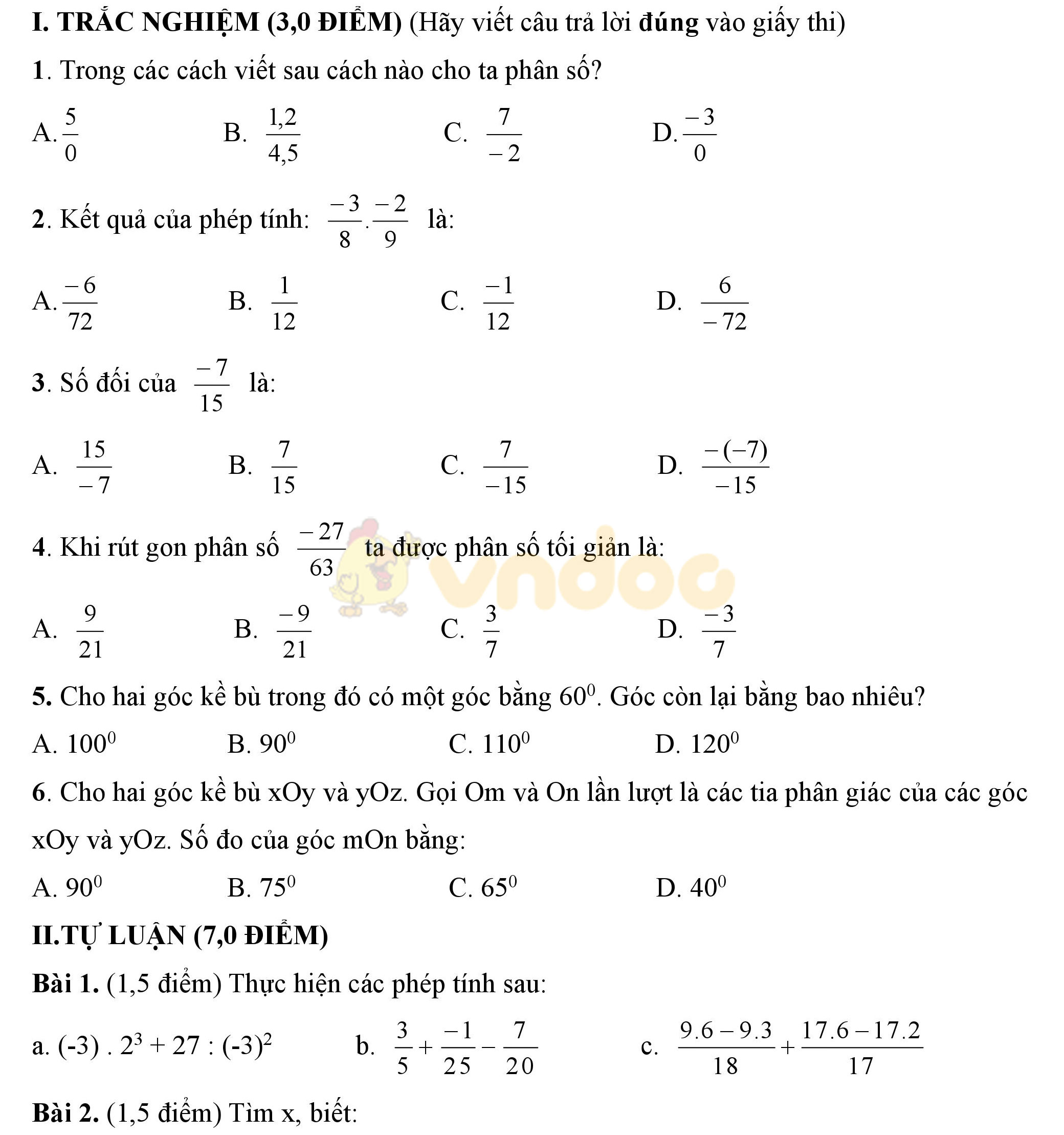 Đề thi giữa học kì 2 môn Toán lớp 6