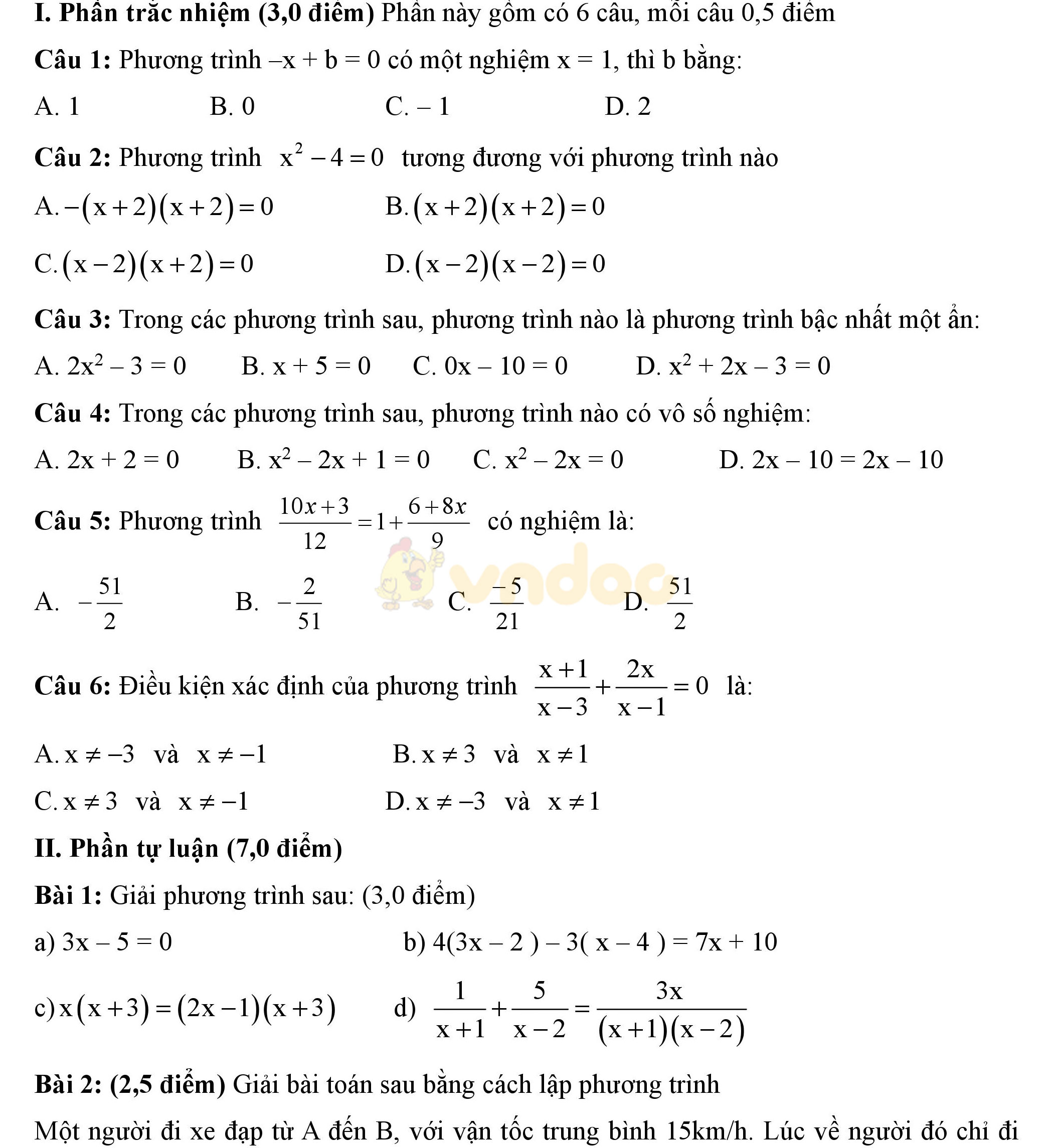 Đề kiểm tra 1 tiết học kì 2 môn Toán đại số lớp 8 Đề kiểm tra 1 tiết học kì 2 môn Toán đại số lớp 8