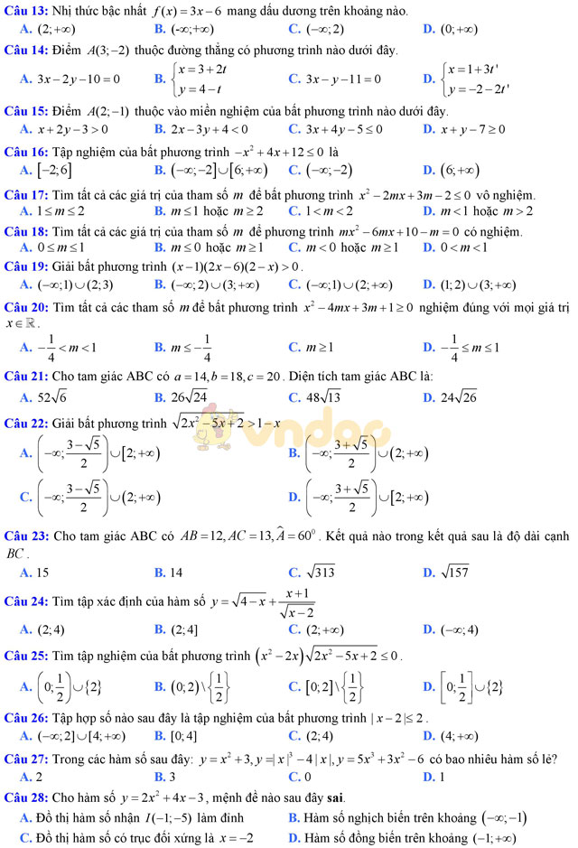 Đề thi giữa học kì 2 môn Toán lớp 10 có đáp án