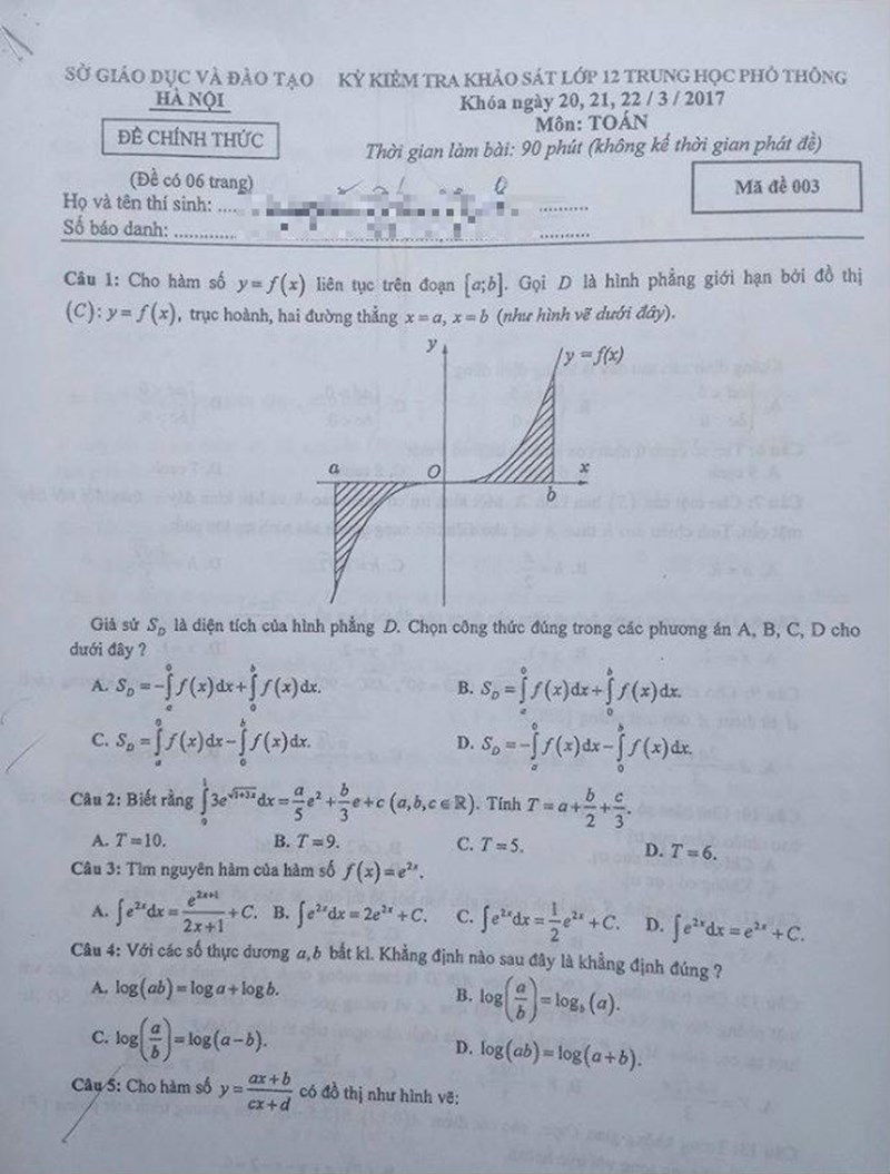 Đề thi thử THPT Quốc gia năm 2017 môn Toán - Thành phố Hà Nội