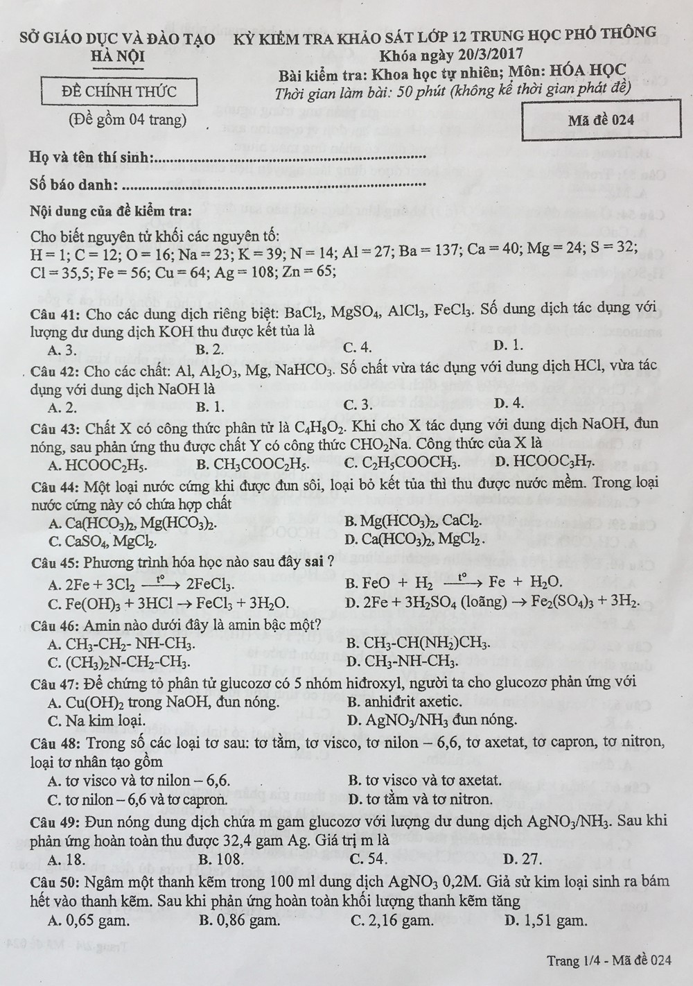 Đề thi thử THPT Quốc gia năm 2017 môn Hóa học