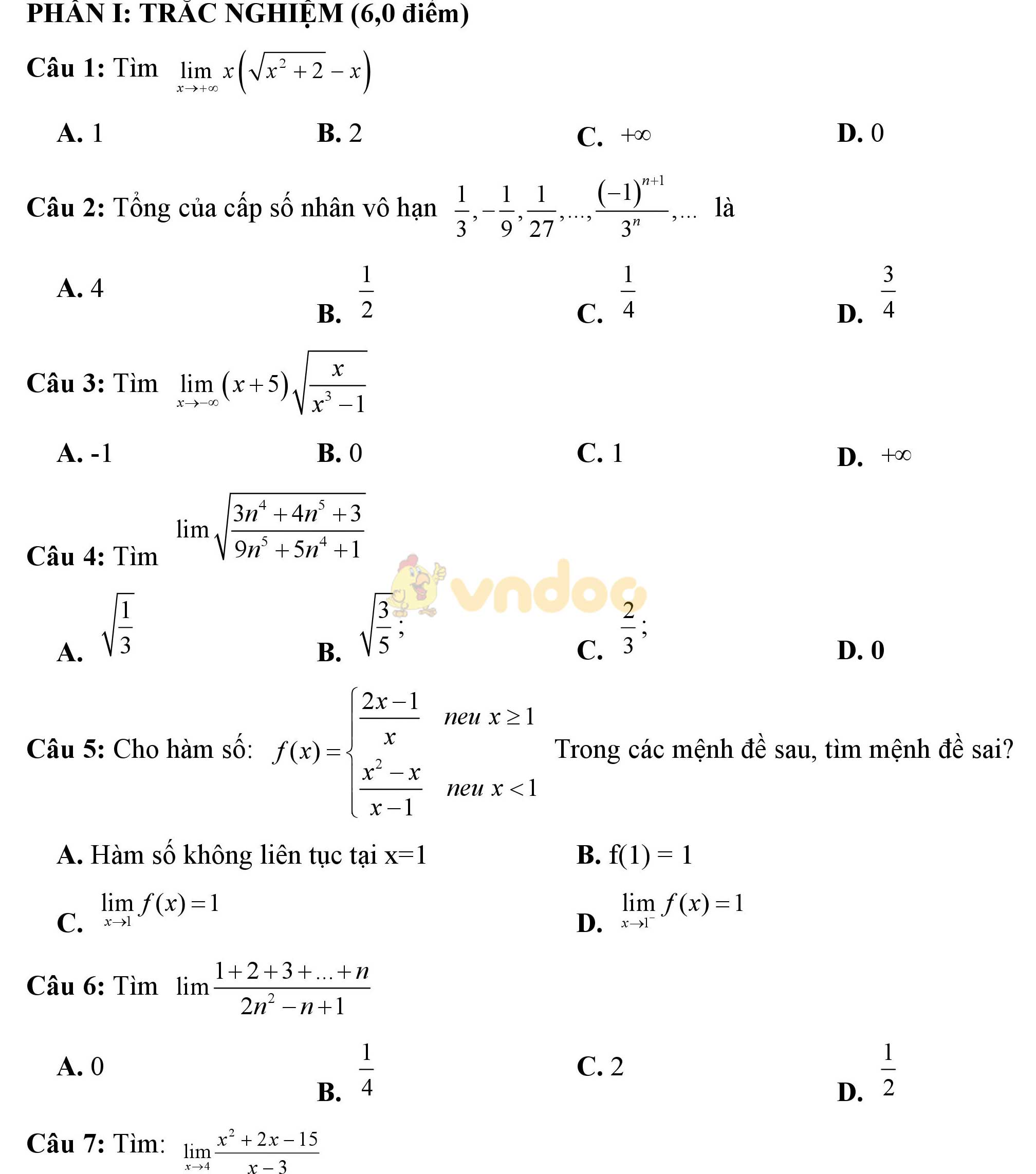 Đề kiểm tra 1 tiết học kì 2 môn Toán giải tích lớp 11 