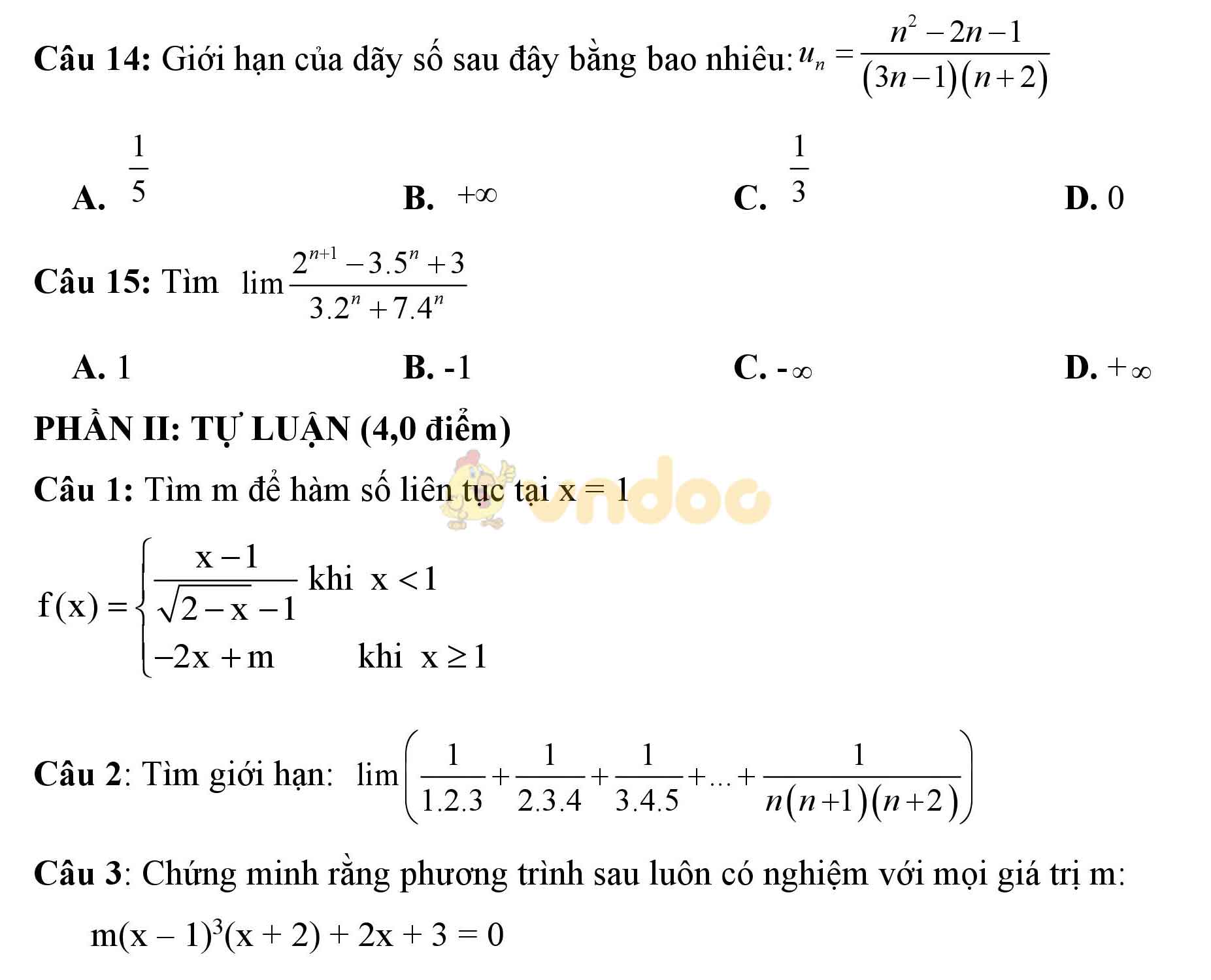 Đề kiểm tra 1 tiết học kì 2 môn Toán giải tích lớp 11 