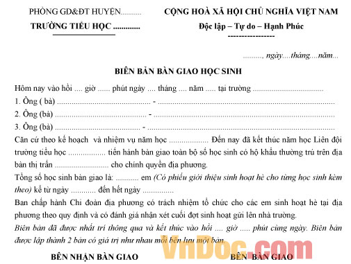 Mẫu biên bản bàn giao học sinh về sinh hoạt hè tại địa phương