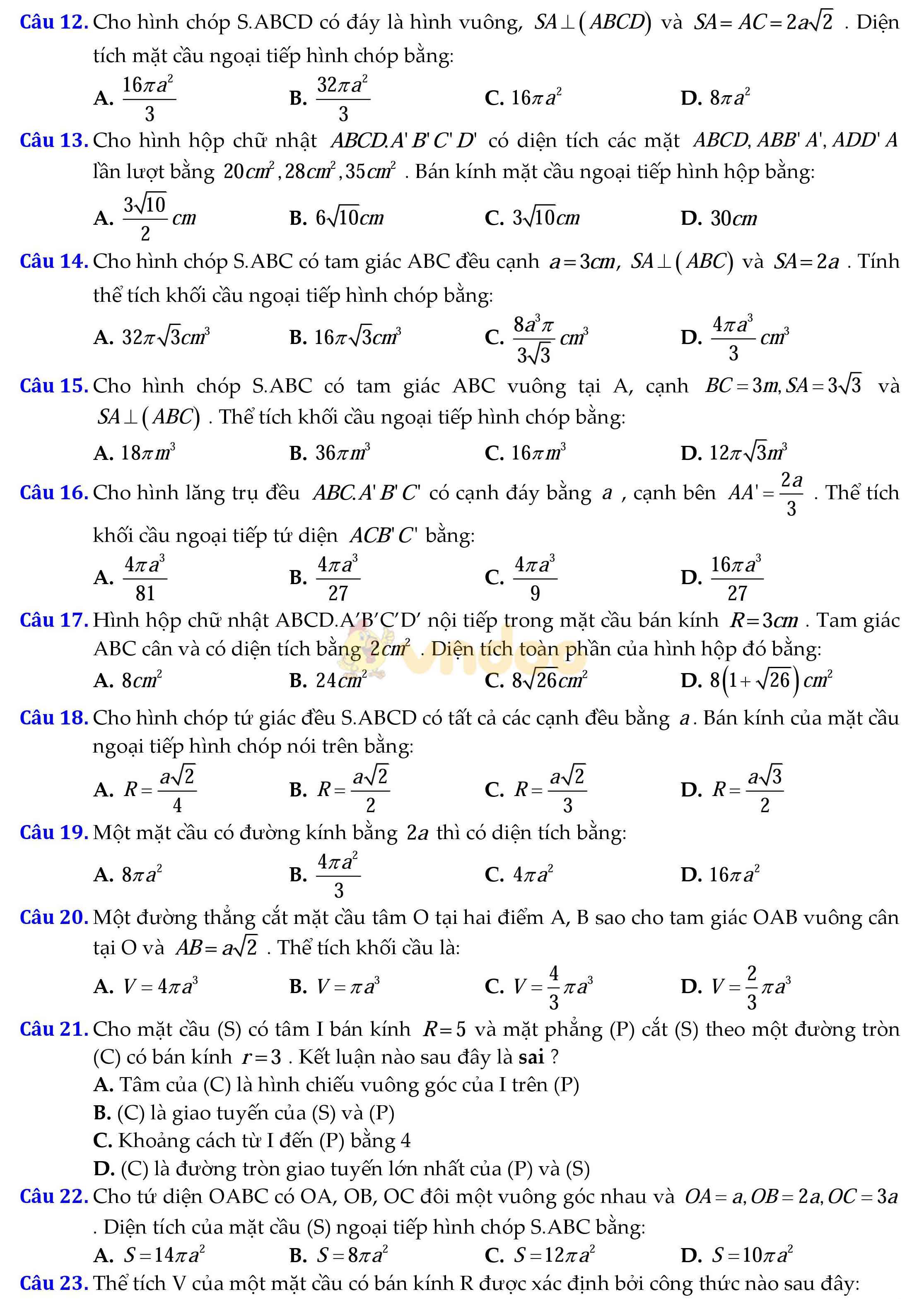 Câu hỏi trắc nghiệm ôn tập mặt cầu - hình cầu - khối cầu