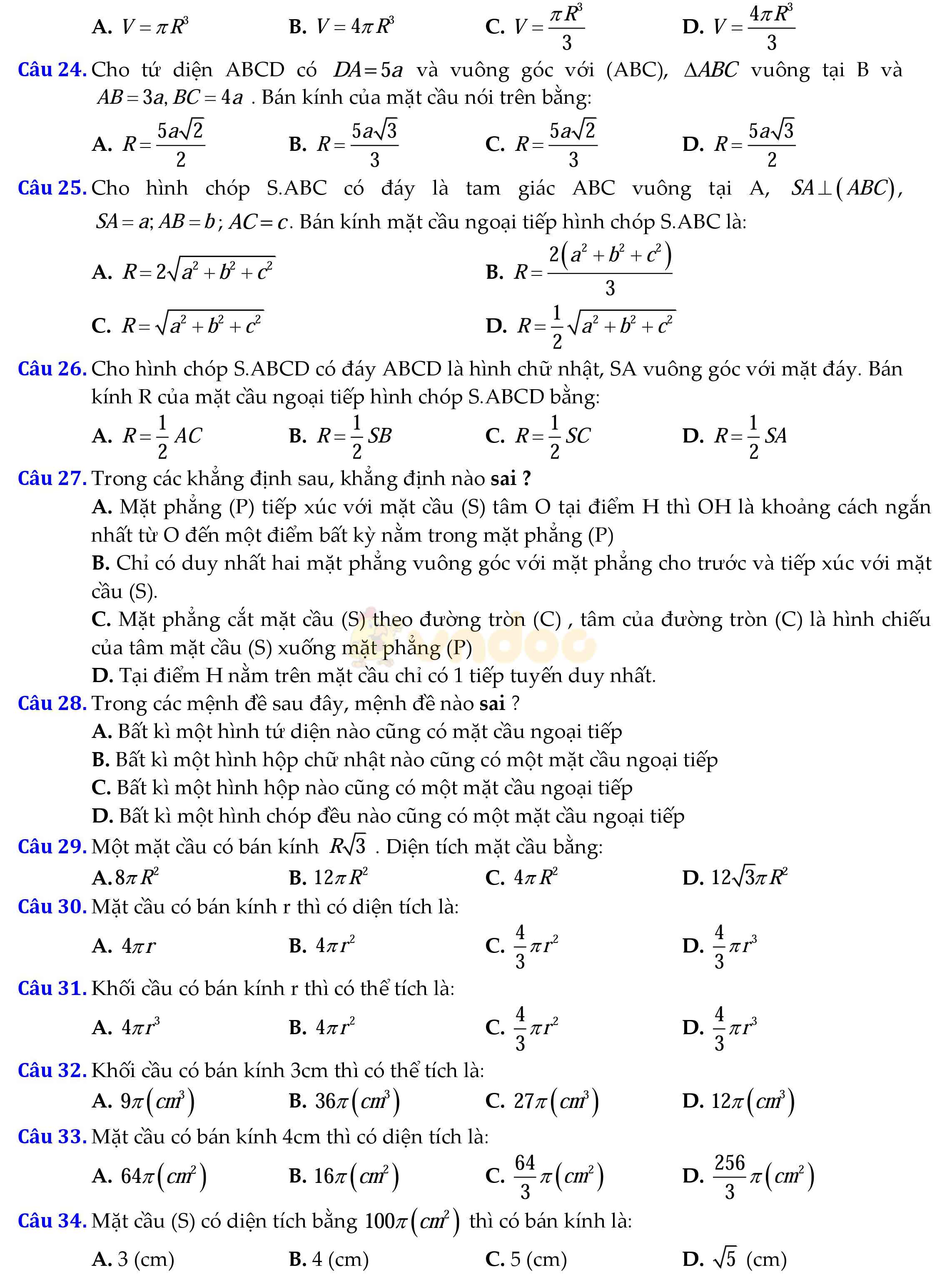 Câu hỏi trắc nghiệm ôn tập mặt cầu - hình cầu - khối cầu