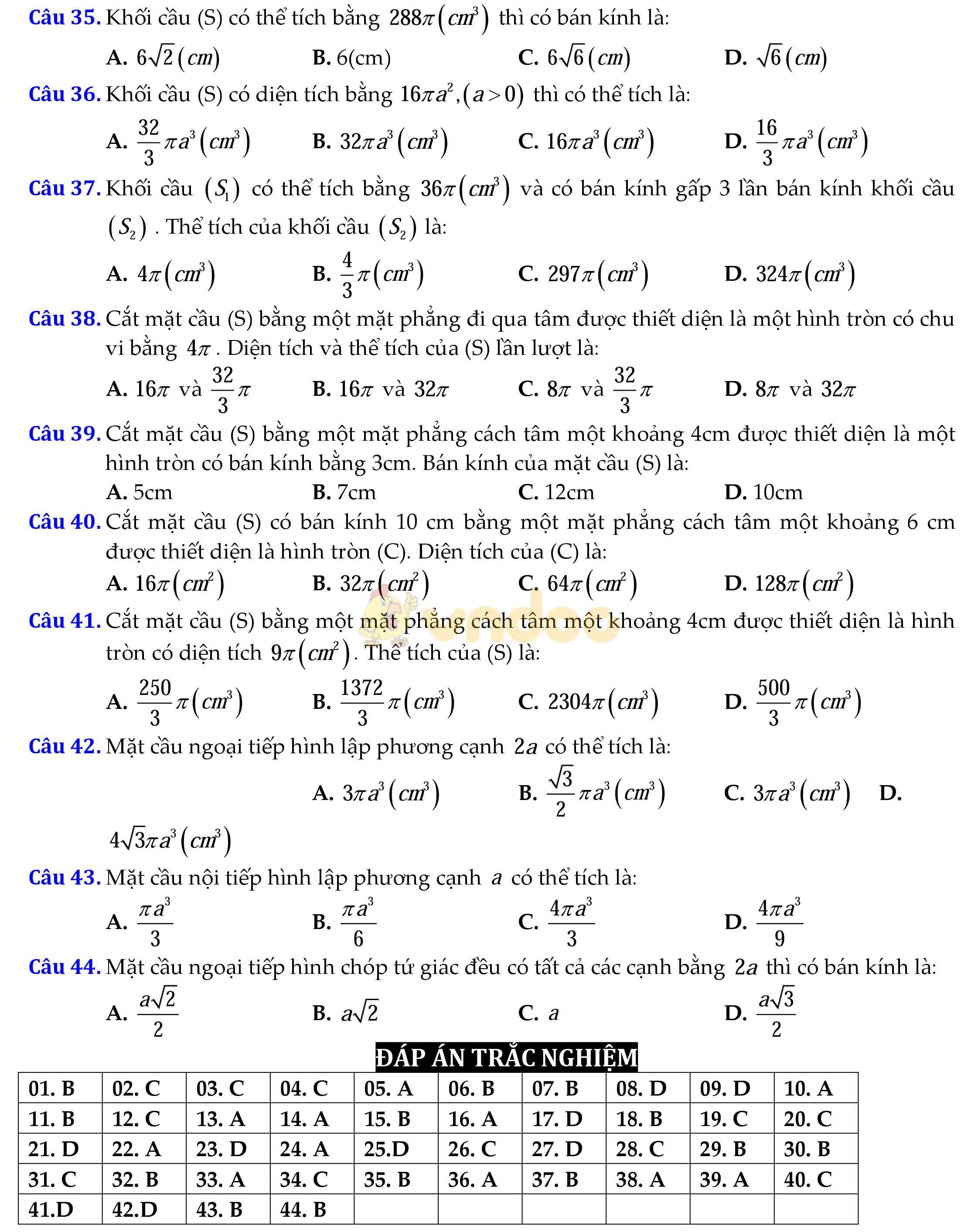 Câu hỏi trắc nghiệm ôn tập mặt cầu - hình cầu - khối cầu