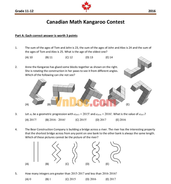 Đề thi Toán Quốc tế Kangaroo năm 2016 có đáp án Đề thi Toán Quốc tế Kangaroo năm 2016