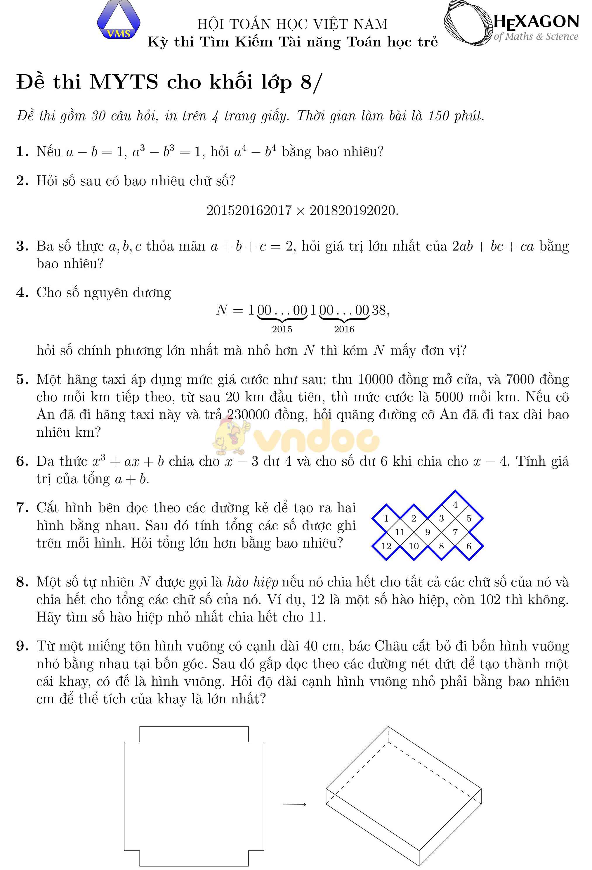 Đề thi Tìm kiếm tài năng Toán học trẻ lớp 8