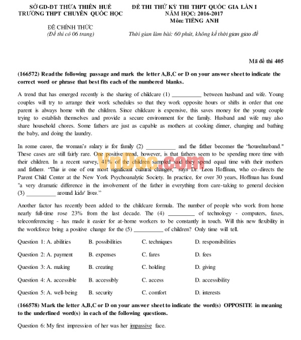 Đề thi thử THPT Quốc gia năm 2017 môn Tiếng Anh trường THPT Chuyên Quốc học Huế có đáp án Đề thi thử THPT Quốc gia năm 2017 môn Tiếng Anh trường THPT Chuyên Quốc học Huế
