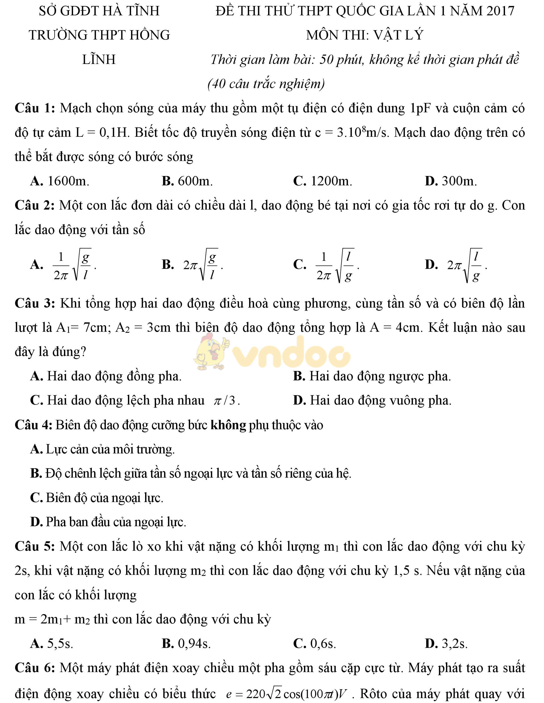 Đề thi thử THPT Quốc gia năm 2017 môn Vật lý