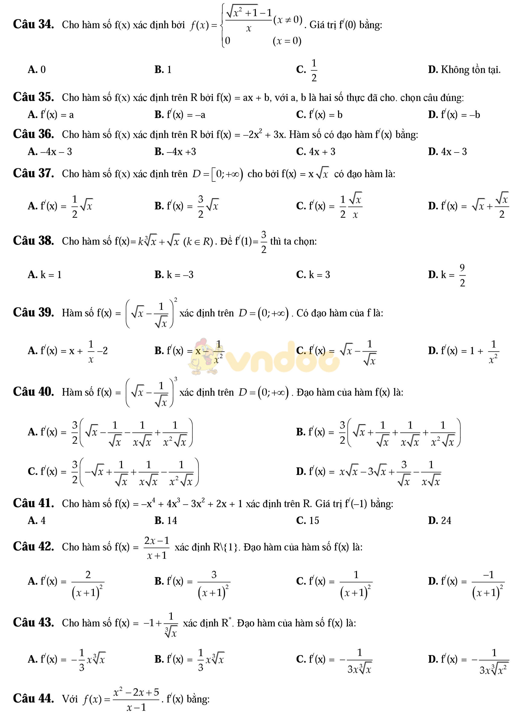 250 Bài tập trắc nghiệm đạo hàm