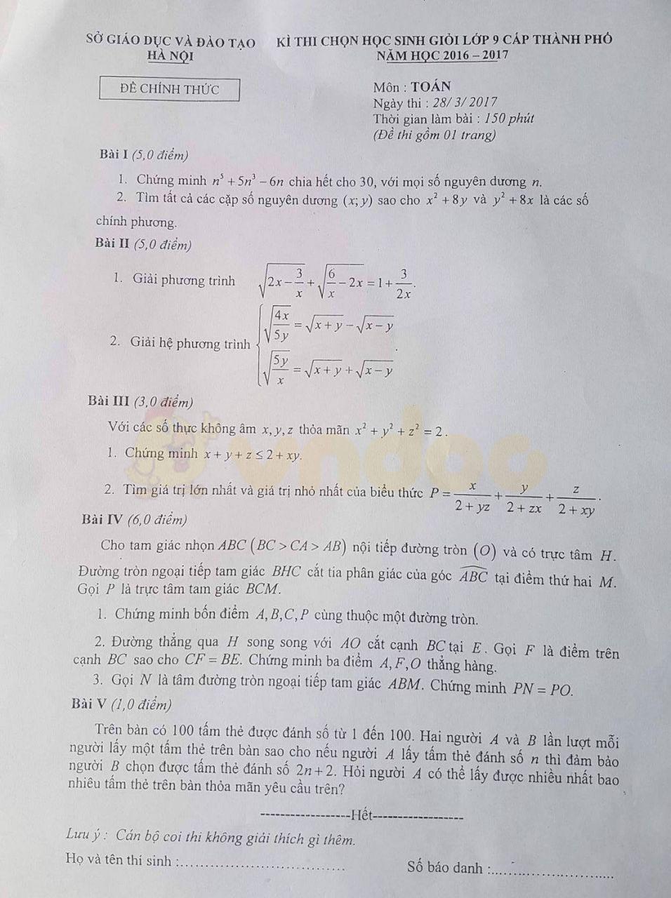 Đề thi học sinh giỏi môn Toán lớp 9 thành phố Hà Nội năm học 2016 - 2017