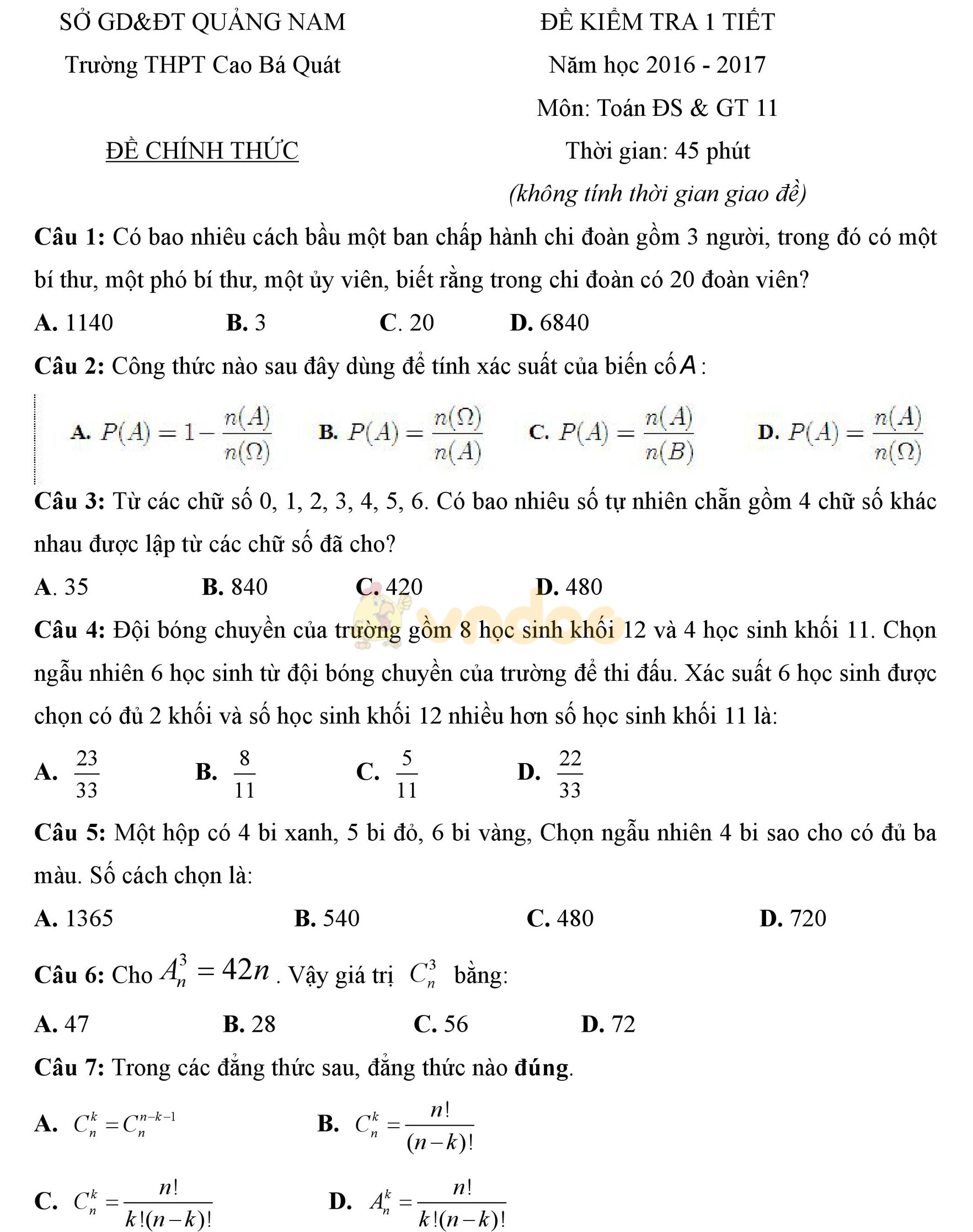 Đề kiểm tra 1 tiết học kì 2 môn Toán lớp 11