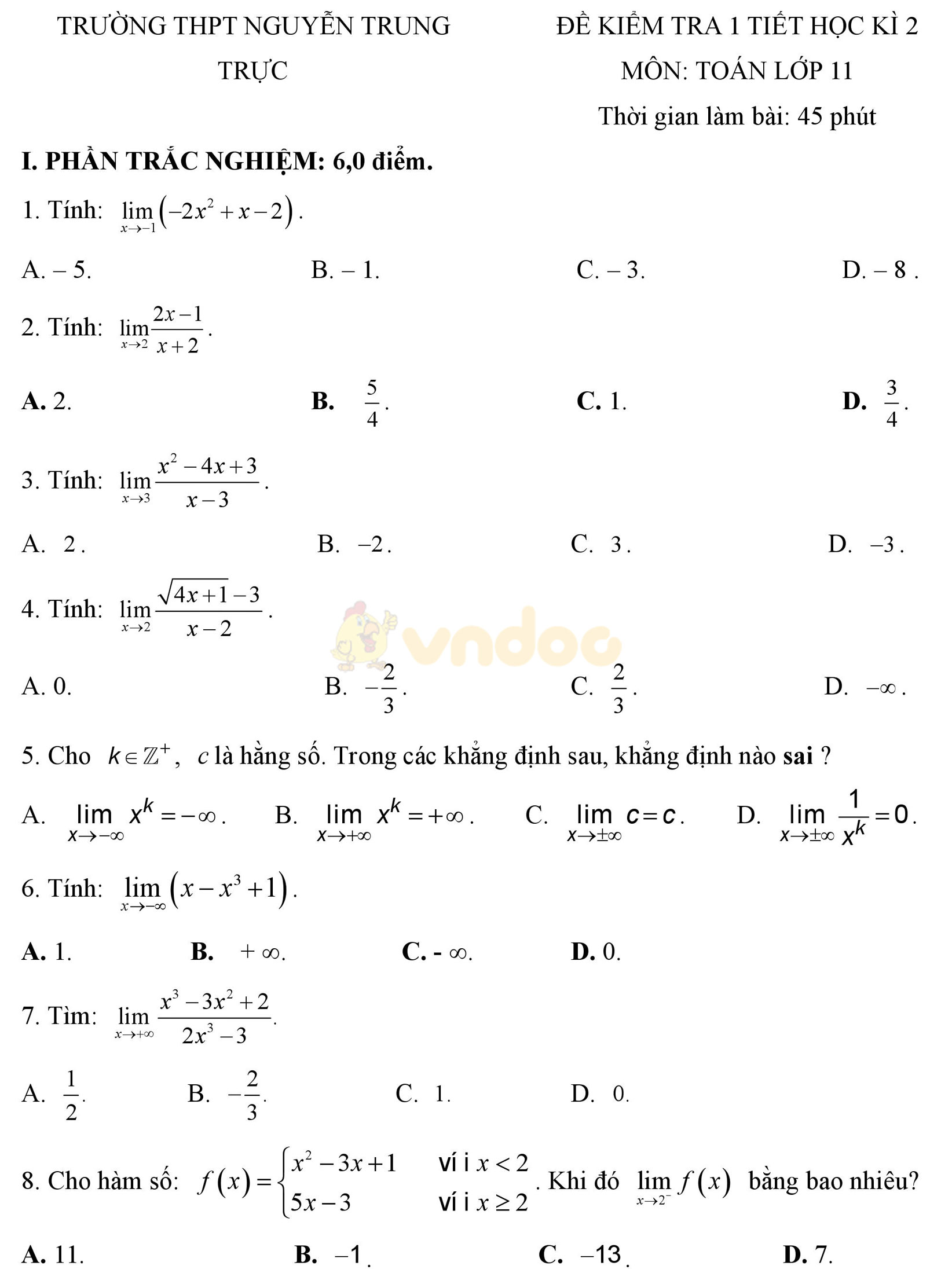Đề kiểm tra 1 tiết học kì 2 môn Toán lớp 11 Đề kiểm tra 1 tiết học kì 2 môn Toán lớp 11