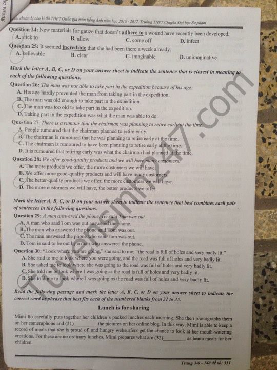 Đề thi thử nghiệm THPT quốc gia 2017 môn tiếng Anh Đề Thi Thử Tiếng Anh THPT Quốc Gia 2017