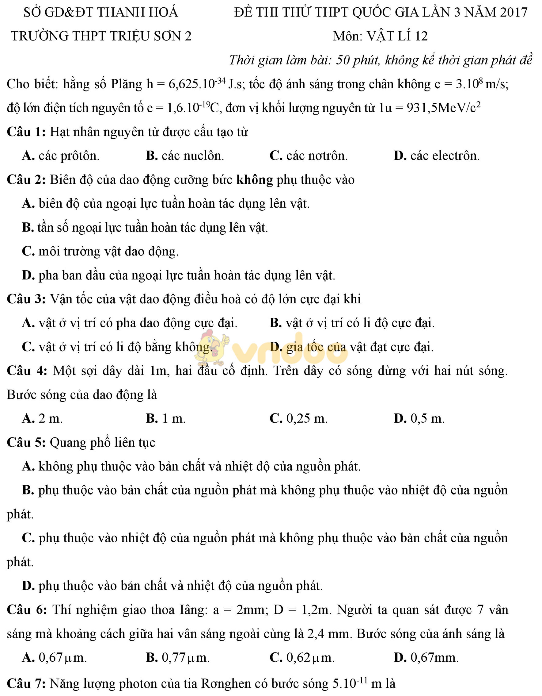 Đề thi thử THPT Quốc gia năm 2017 môn Vật lý