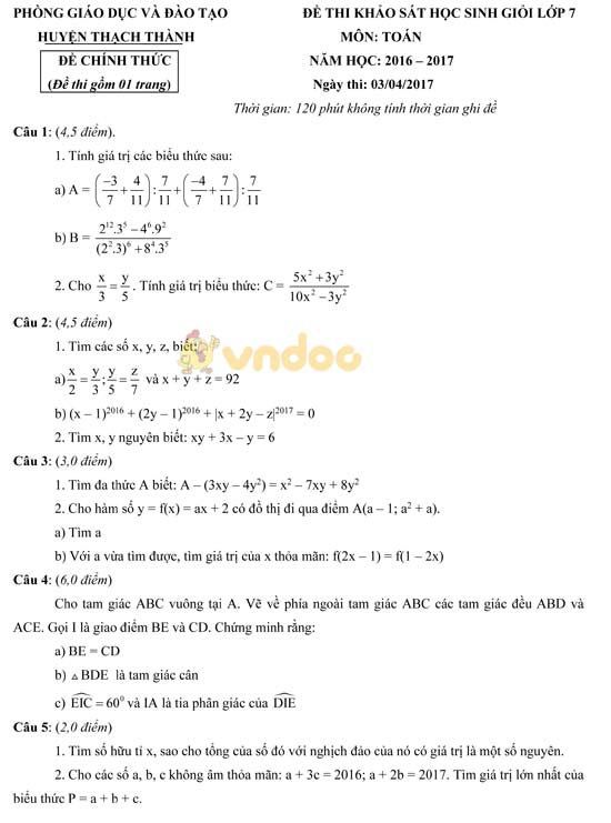 Đề thi học sinh giỏi lớp 7