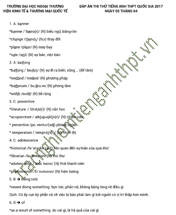 Đề thi thử THPT Quốc gia năm 2017 môn Tiếng Anh trường Đại học ngoại thương
