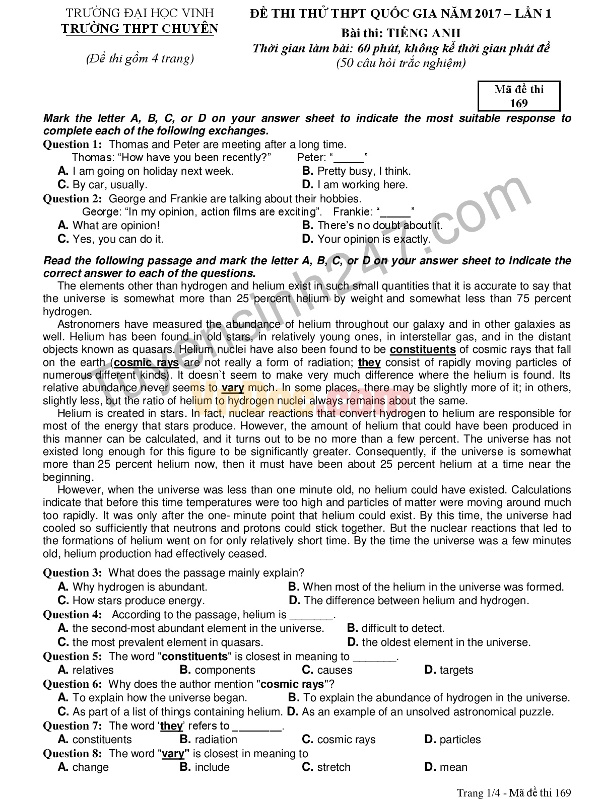 Đề thi thử THPT Quốc gia 2017 môn Anh