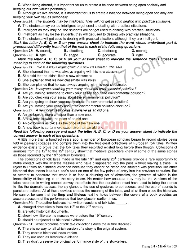 Đề Thi Thử Tiếng Anh THPT Quốc Gia 2017 có đáp án