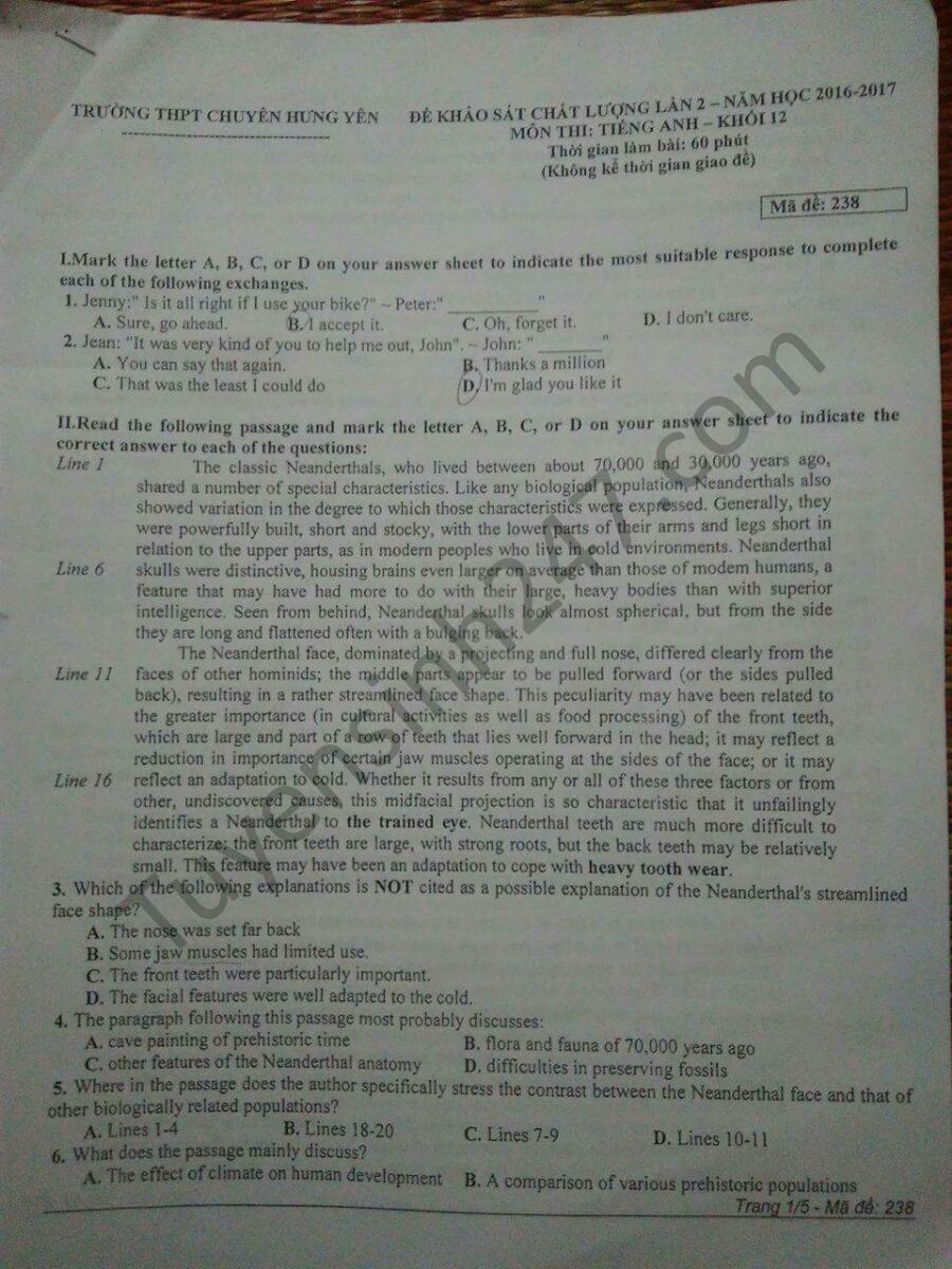 Đề thi thử THPT Quốc gia năm 2017 môn Tiếng Anh trường THPT Chuyên Hưng Yên