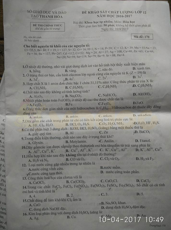Đề thi thử THPT Quốc gia năm 2017 môn Hóa học