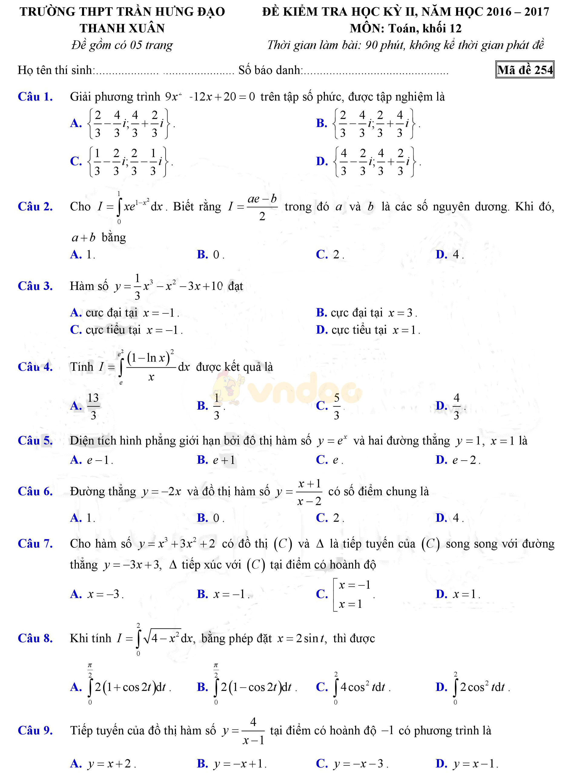 Đề thi học kì 2 môn Toán lớp 12 Đề thi học kì 2 môn Toán lớp 12